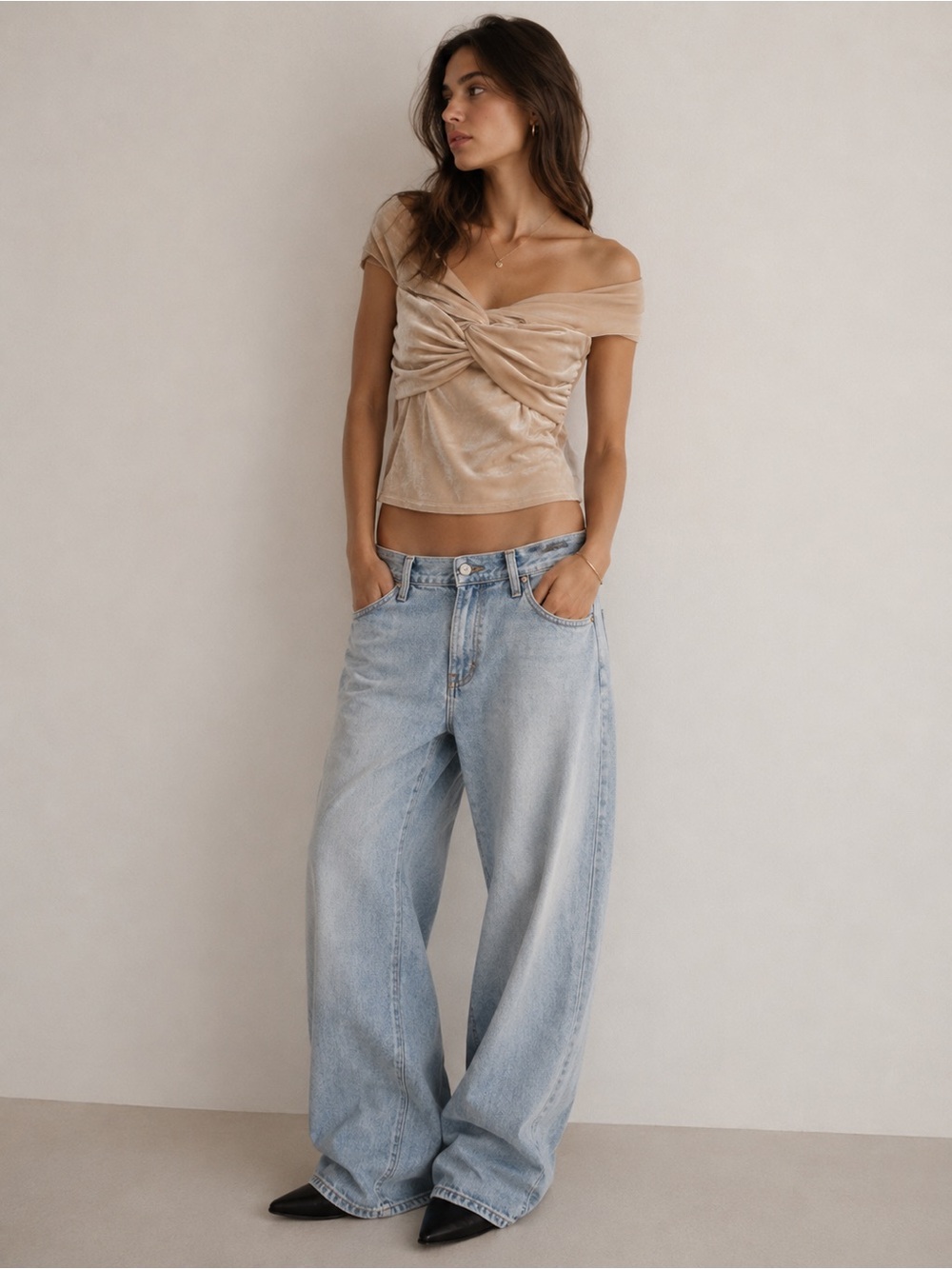 Reformation Champagne Velvet Twist Front Off The Shoulder Top Beige Small